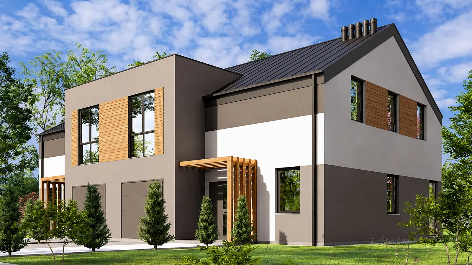 Visualisierung eines Doppelhauses mit 278 m² in Holztafelbauweise